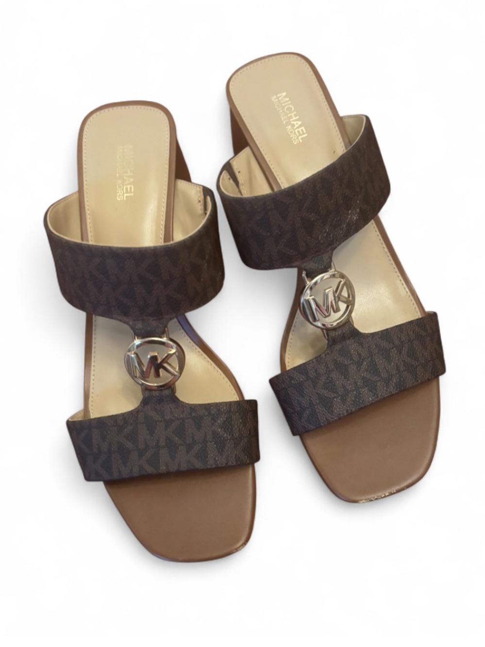 Michael Kors sz 9 Brown & Tan Monogram Logo Slide Sandals chunk heel MK Charm